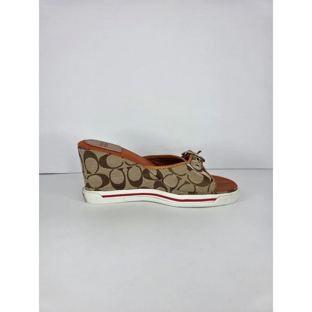 Coach Alyssa Wedge Sandals Womens 8.5 B Brown Canvas Monogram Buckle C Logo
